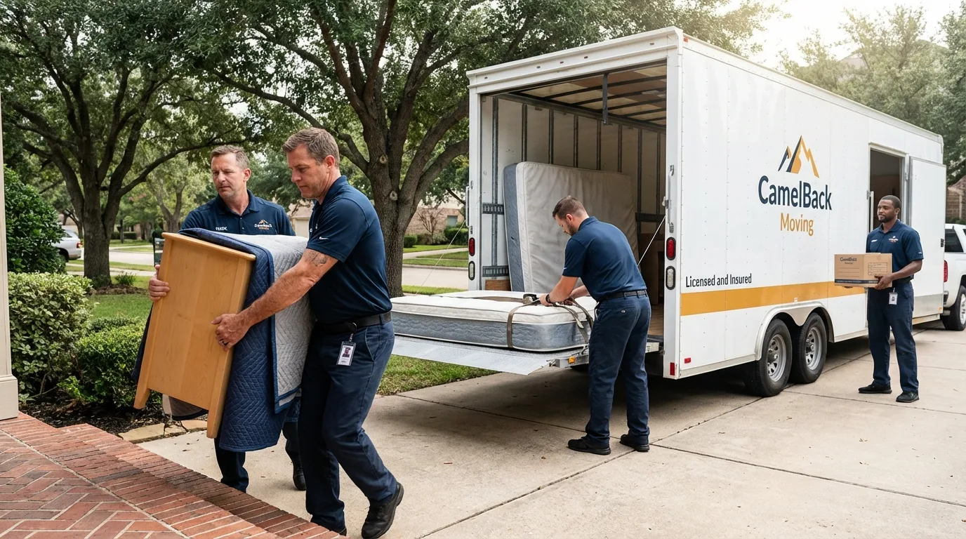 Crew loading residential truck for cross-state move from Mitchell, IN