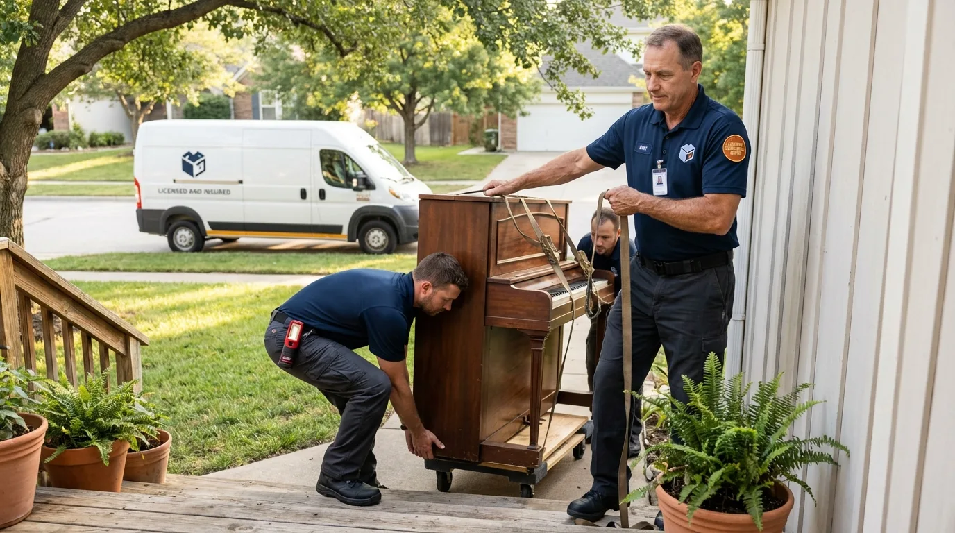 Licensed piano movers securing grand piano in Mitchell, IN