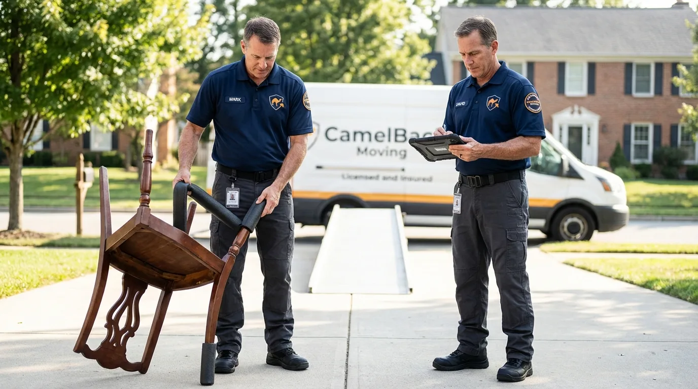 Movers inspecting furniture for damage prevention before loading in Mitchell, IN