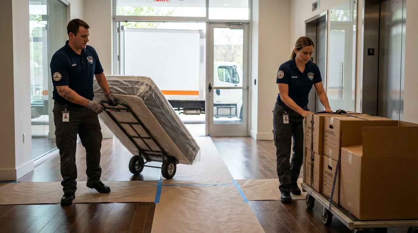 Professional apartment movers loading elevator in Mitchell, IN