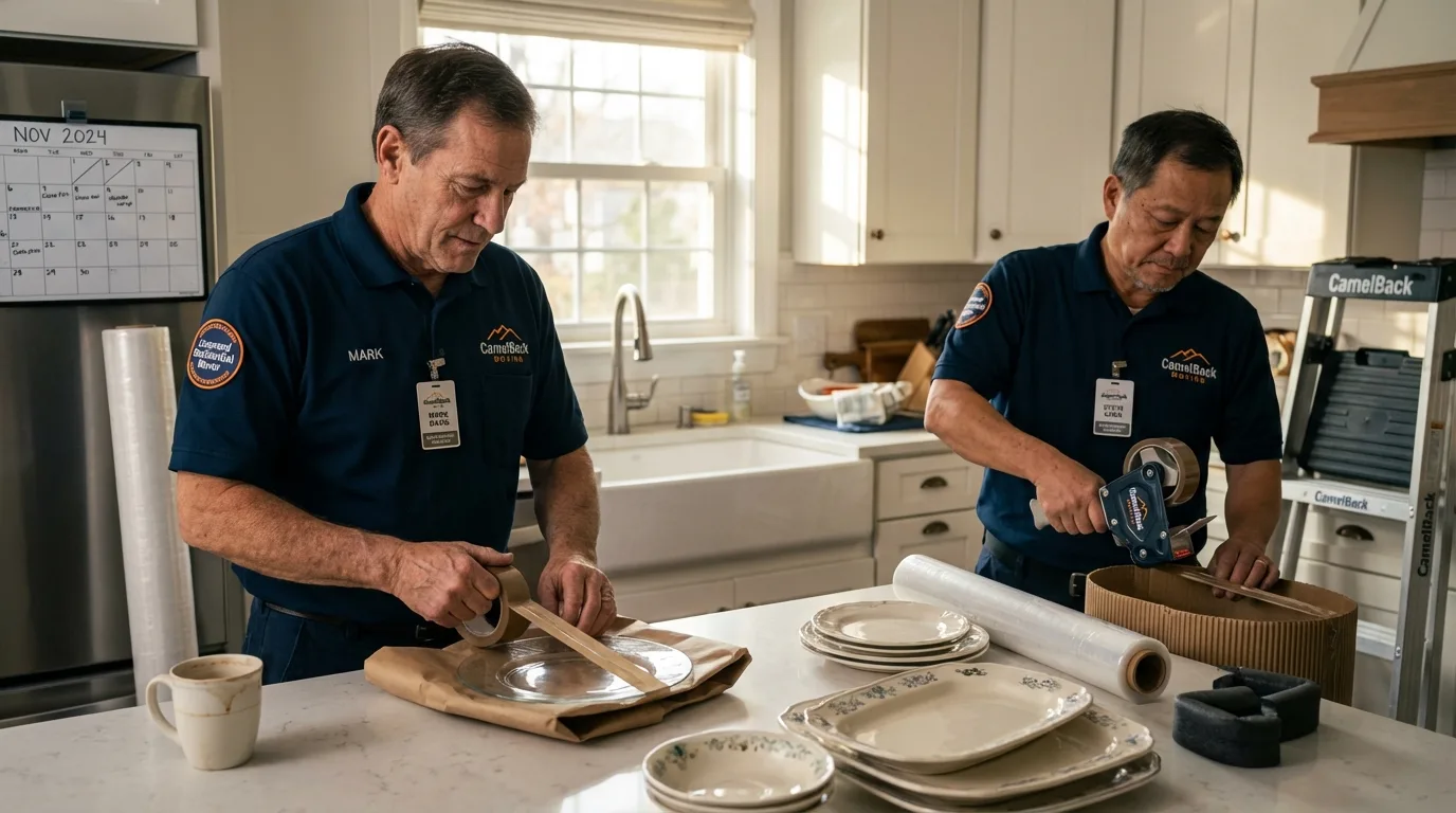 Professional crew packing kitchen dishware in Mitchell, IN